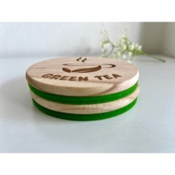 Green Tea Wooden Felt Coasters, Set of 2 pcs, 5th wedding anniversary gift, 7th anniversary present, Matcha Lover Gift