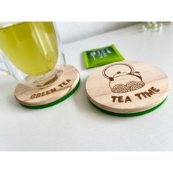 Green Tea Wooden Felt Coasters, Set of 2 pcs, 5th wedding anniversary gift, 7th anniversary present, Matcha Lover Gift