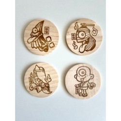 Yokai Wooden Coasters, Set of 4 pcs, 5th wedding anniversary gift, Supernatural Beings,