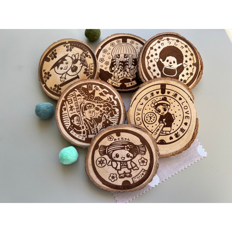 Japanese Manhole Covers Wooden Coasters, Set of 6 pcs, Natural Sustainable Wood, New Home Gift