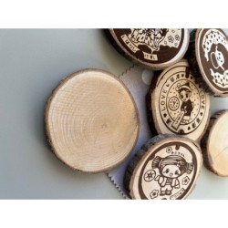 Japanese Manhole Covers Wooden Coasters, Set of 6 pcs, Natural Sustainable Wood, New Home Gift