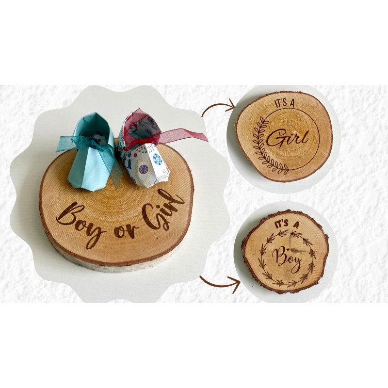 Origami Baby Shoes Double Sided Gender Reveal Birch Wood Slice, It's a Boy/Girl, Birth Gender Announcement Sign, Wooden Disc wit