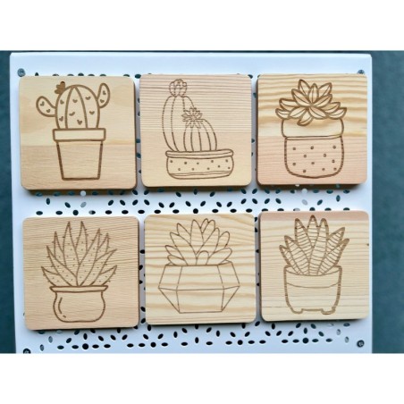 Square Succulent Cactus Wooden Coasters, Set of 6 pcs, 5th wedding anniversary gift, 6th anniversary present,