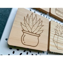 Square Succulent Cactus Wooden Coasters, Set of 6 pcs, 5th wedding anniversary gift, 6th anniversary present,