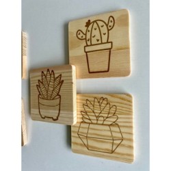 Square Succulent Cactus Wooden Coasters, Set of 6 pcs, 5th wedding anniversary gift, 6th anniversary present,