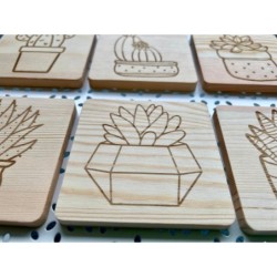 Square Succulent Cactus Wooden Coasters, Set of 6 pcs, 5th wedding anniversary gift, 6th anniversary present,