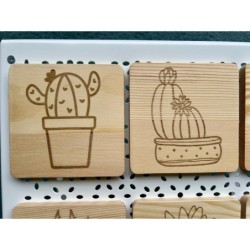 Square Succulent Cactus Wooden Coasters, Set of 6 pcs, 5th wedding anniversary gift, 6th anniversary present,