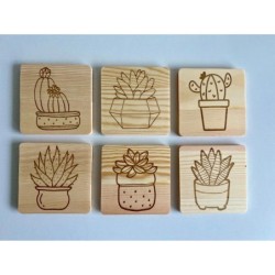 Square Succulent Cactus Wooden Coasters, Set of 6 pcs, 5th wedding anniversary gift, 6th anniversary present,