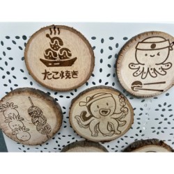 Cute Takoyaki Theme Wooden Coasters, Set of 6 pcs, 5th wedding anniversary gift, 6th anniversary present, Japanese dishes & cuis