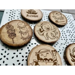 Cute Takoyaki Theme Wooden Coasters, Set of 6 pcs, 5th wedding anniversary gift, 6th anniversary present, Japanese dishes & cuis