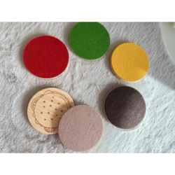 Burger Coaster Set of 6 pcs, Wooden Top Felt Colorful Bottom, Unique Table Decor