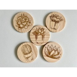 Succulent Cactus Wooden Coasters, Set of 5 pcs, 5th wedding anniversary gift, 6th anniversary present, Teacher retire