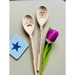 Set of 2 Engraved Wooden Spoons with Face, Custom Funny Phrase Spoon For Family & Friends, Housewarming Gift, Gift For Baking En