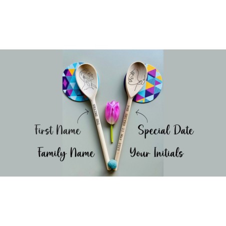 Set of 2 Personalized Engraved Wooden Spoons, Custom Line Art Spoon For Married Couples, Housewarming Gif, Baking Gift For Newly