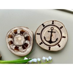 Nautical Theme Wooden Coasters, Set of 6 pcs, 5th wedding anniversary gift, 6th anniversary present, Sea Shell, Compass, Shippin