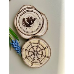 Nautical Theme Wooden Coasters, Set of 6 pcs, 5th wedding anniversary gift, 6th anniversary present, Sea Shell, Compass, Shippin