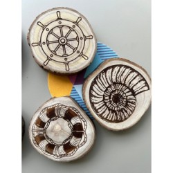 Nautical Theme Wooden Coasters, Set of 6 pcs, 5th wedding anniversary gift, 6th anniversary present, Sea Shell, Compass, Shippin