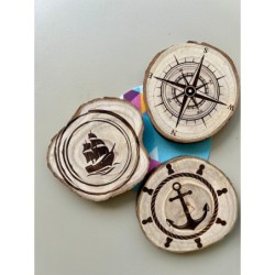 Nautical Theme Wooden Coasters, Set of 6 pcs, 5th wedding anniversary gift, 6th anniversary present, Sea Shell, Compass, Shippin