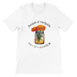 T-Shirt „Bouquet of marigolds“ with Japanese translation, regular fit premium crewneck shirt, graphic flowery herb print, faux p