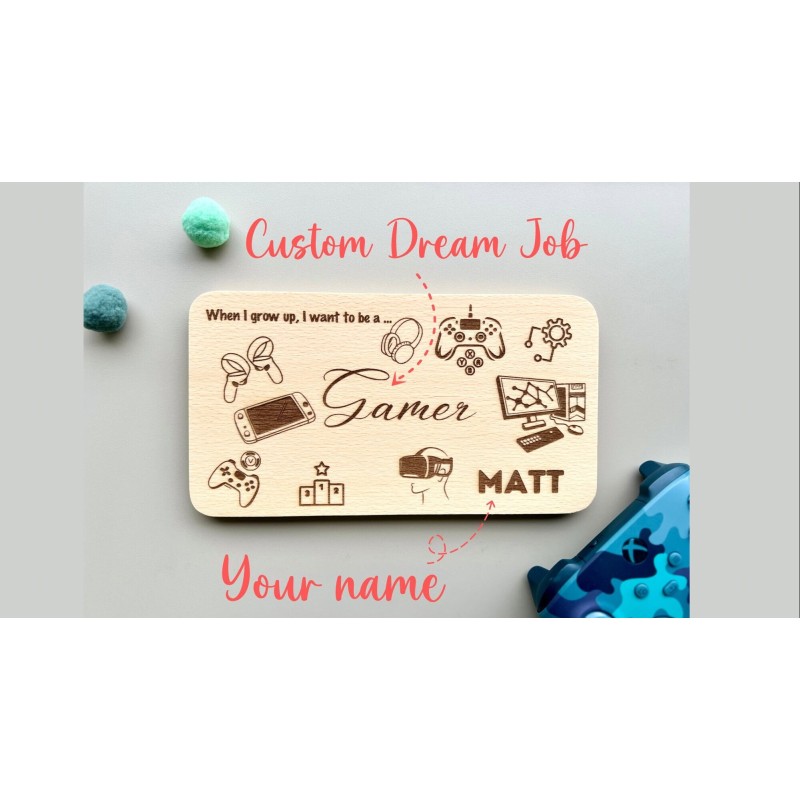 Gamer Personalized Breakfast Board with Your Name, wooden serving tray for healthy snack, future career, xbox Nintendo Gameboy,