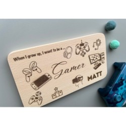 Gamer Personalized Breakfast Board with Your Name, wooden serving tray for healthy snack, future career, xbox Nintendo Gameboy,