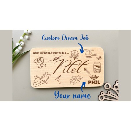 Personalized Breakfast Board with Your Name & Custom Dream Job Pilot „When I grow up, I want to be…“, Future Career, wood engrav